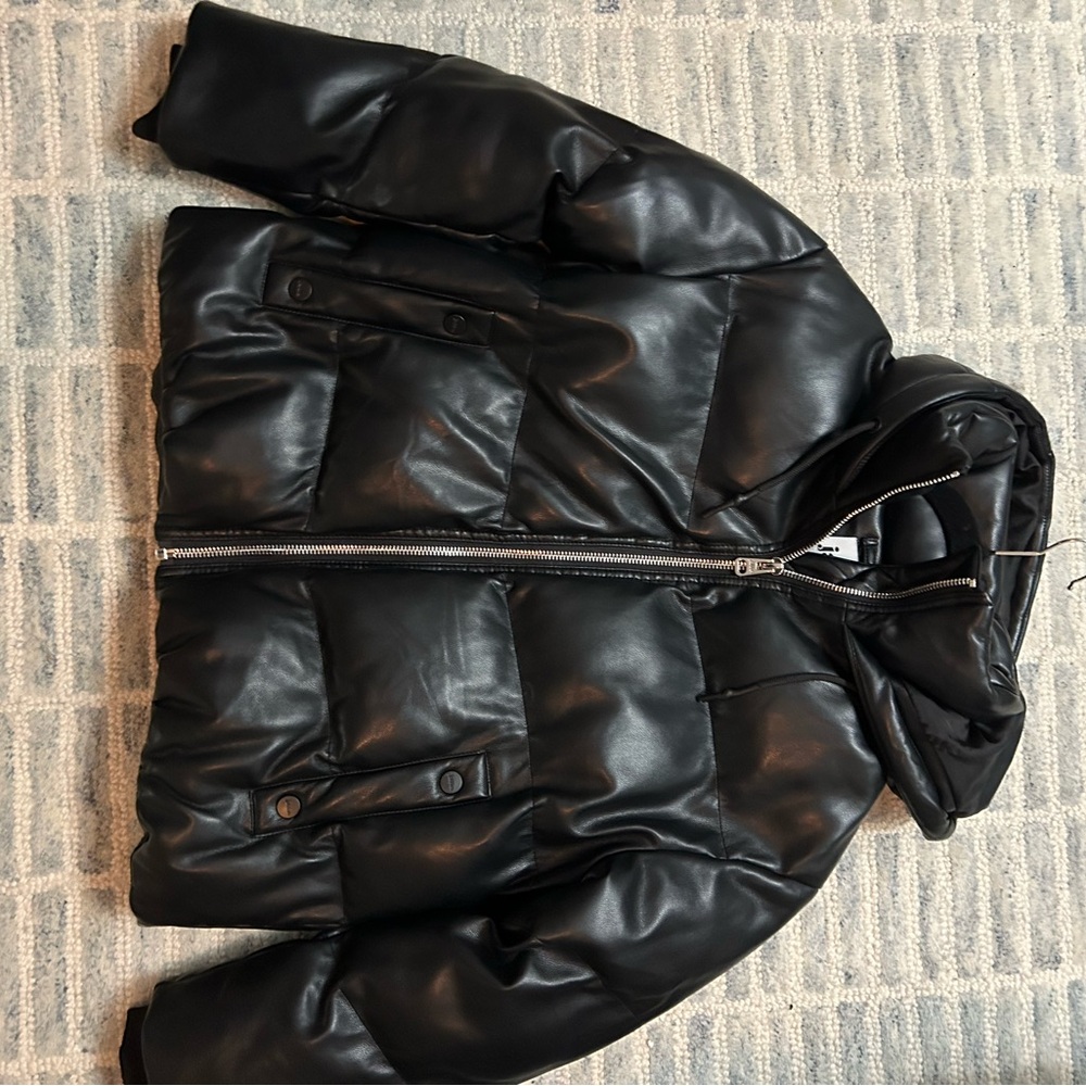 Women's Leather Black Puffer Jacket